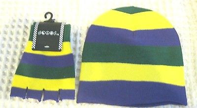 Mardi Gras Purple,Yellow,and Green Beanie Ski Cap with Matching Gloves Combo-New