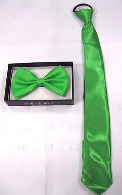 KIDS TEENS SOLID GREEN ADJUSTABLE BOW TIE+SOLID GREEN PRE-TIED NECKTIE-NEW!