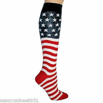 Luxury Patriotic Red White Blue American Flag Knit Knee High Socks-Brand New!