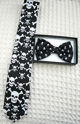 Unisex Small Skulls Crossbones Bow tie, Skulls Neck Tie,& Suspenders Combo Set