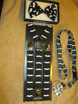 Black with White Mustaches Adjustable Suspenders + Black White Mustache Bow Tie