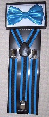 Solid French Blue Adjustable Bow Tie&French Blue&Black Stripes Suspenders Set
