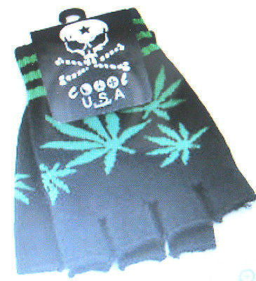 GREEN MARIJUANA MJ WEED LEAVES BLACK KNIT FINGERLESS GLOVES WINTER WOMENS MEN