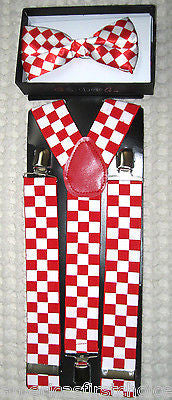 RED WHITE CHECKER DIAMONDS TUXEDO BOW TIE+ RED WHITE DIAMONDS SUSPENDERS COMBO