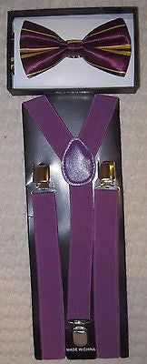 Plum Purple with Gold Stripes Bow tie & Purple Y-Back Adjustable Suspenders Set