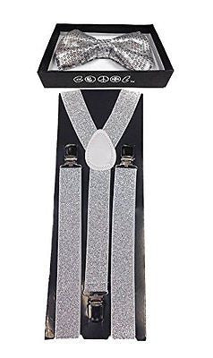GRAY SILVER SEQUIN PATTERN  ADJUSTABLE  BOW TIE + SILVER GLITTER SUSPENDERS SET2