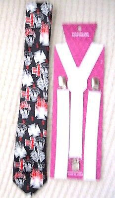 3" Wide Black with White Flaming Skulls+Crosses Necktie+WHITE Adjustable Suspenders Set