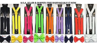 Black Blue Stripes Adjustable Bow Tie & Black Blue Two Tone Suspenders Combo-New