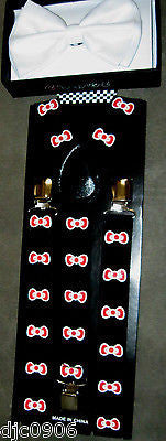 Solid White Adjustable Bowtie & White Red Bow Ties Adjustable Suspenders Combo