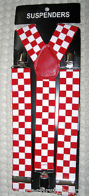 RED WHITE CHECKER DIAMONDS TUXEDO BOW TIE+ RED WHITE DIAMONDS SUSPENDERS COMBO