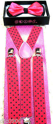Pink Punker Lips on Black Adjustable Bow tie & Hot Pink Suspenders Combo Set-New