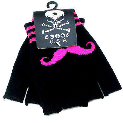 NEW BLACK WITH PINK MUSTACHE CUTOFF KNIT FINGERLESS GLOVES WINTER WOMENS GIRLS