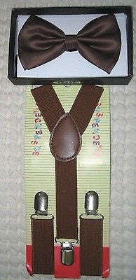 Kids Boys Brown Adjustable Bow Tie & Brown Y-Back Adjustable Suspenders-New! v1