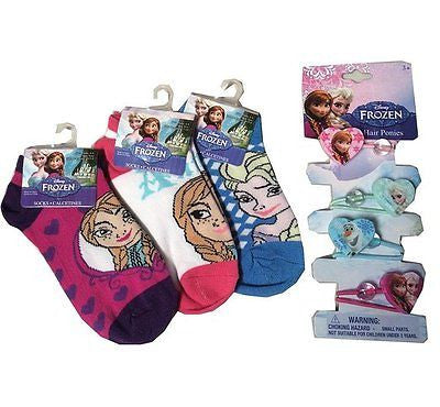 Frozen Combo Pack! Elsa,Anna,Olaf Girls 3 Pairs of Dress up Socks+4pc Hair clips