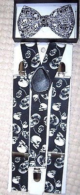 Unisex Skulls Design Adjustable Bow tie&1 1/2" WIDE Skulls Adjustable Suspenders
