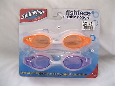2 Pairs of Fishface Dolphin Swim Goggles Neon Yellow+Purple Soft Eye Cups-New!
