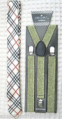 Pink Plaid Gargoyle Adjustable Necktie and Pink Glittered Suspenders Combo-New!