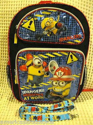 Despicable Me 2 Minions At Work 16" Backpack & Lunch Box Lunch Bag + Lanyard-New