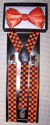 Neon Orange Adjustable Bow tie & Neon Orange Checkered Suspenders Combo-New!V3