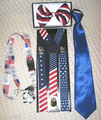 American Flag Suspenders,Lanyard,Blue Tie &Red,White,Blue Stripes Bow Tie-New!