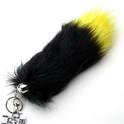 BLACK WITH PURPLE FAUX FOXTAIL KEYCHAIN RING PURSE TASSLE BELT CLIP 9"-10"-NEW!