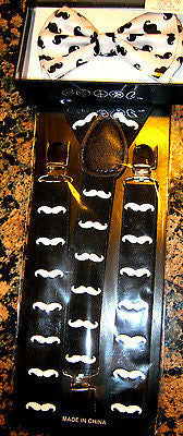 White Black Mustaches Adjustable Bow tie & Black White Mustache Suspenders Combo