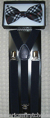 BLUE BLACK PLAID TUXEDO BOW TIE+ BLUE ADJUSTABLE SUSPENDERS COMBO SET-NEW!V2