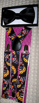 Solid Black Adjustable Bow Tie & Crazy Clowns Flames Hair Suspenders Combo-New