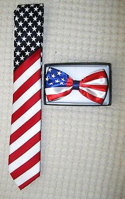 US Flag American Flag 1 1/2" Neck Tie & US Patriotic Flag  Adjustable Bow Tie-V2