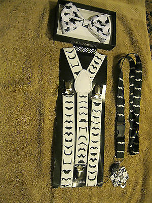 White with Black Mustaches Adjustable Suspenders,Bow Tie and Lanyard COMBO Set