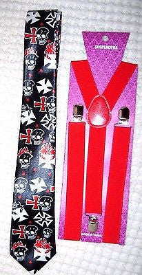 3" Wide Black with White Flaming Skulls+Crosses Necktie + RED Adjustable Suspenders Set