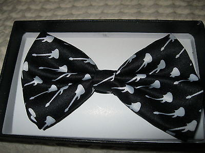 WHITE GUITARS ON BLACK ADJUSTABLE BOWTIE/LEOPARD PRINT BOW TIE-NEW GIFT BOX!