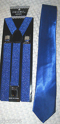 Solid Royal Blue Neck tie & Solid Blue Glittered Adjustable Suspenders Combo!New