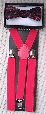 Unisex Hot Pink Guitars Bow Tie + Hot Pink Adjustable Suspenders-New in Package!