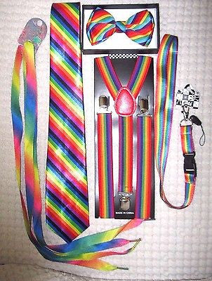 Men's Rainbow Stripes Adjustable Bow tie,Neck Tie,Suspenders,Lanyard,Shoelaces10