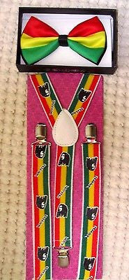 RASTA TUXEDO ADJUSTABLE BOW TIE+RASTA STRIPES BOB MARLEY FACES SUSPENDERS COMBO