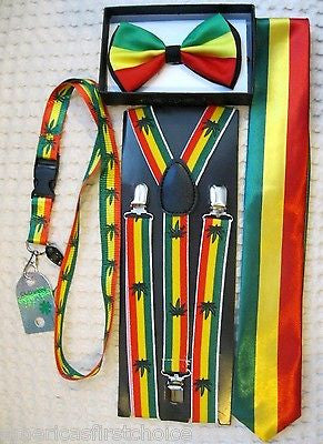 Rasta Stripes NeckTie &  Rasta Stripes with MJ Marijuana Leaves Suspenders-New