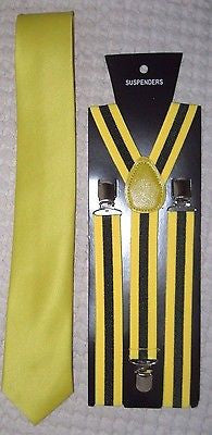 Unisex Solid Yellow Neck Tie+Black and Yellow Stripes Adjustable Suspenders Set