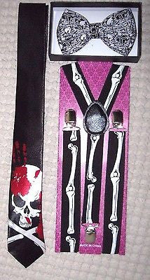 Unisex Skulls Design Bow tie,Bloody Skull Neck Tie&Skeleton Bones Suspenders-New