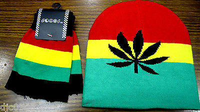 Rasta Red,Yellow,Green MJ Marijuana Leaf Beanie Ski Cap + Rasta Gloves -New!