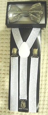 Silver Sequin Adjustable Bow tie & Silver Glittered Adj. Suspenders Combo-New!V4