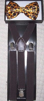 Bronze Leopard Print Adjustable Bow tie & Brown Adjustable Suspenders Combo-New!