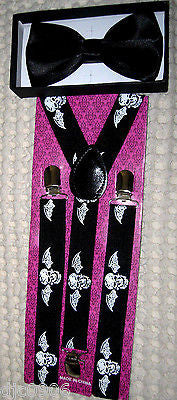 Solid Black Adjustable Bow Tie&White Skulls Wings on Black Suspenders Combo-New