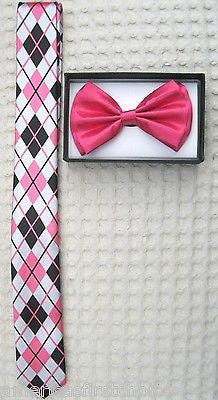 Hot Pink Adjustable Bow Tie,Hot Pink Necktie+Pink&Black Stripes Suspenders Combo