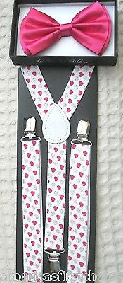 Solid Pink Adjustable Bow Tie&Pink Silver Hearts Adjustable Suspenders Combo-New
