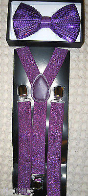 Purple Sequin Adjustable Bow Tie & Purple Glittered Adjustable Suspenders Set