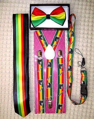 Rasta Stripes Bow Tie,Rasta NeckTie,Rasta Stripes Suspenders&Rasta Lanyard-NEW19
