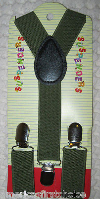BOYS GIRLS KIDS ARMY/OLIVE GREEN CLIP-ON Y-Back Elastic Suspenders 1.5CM WIDTH