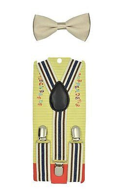 Kids Boys GirlsTan Beige Stripes Adjustable Suspenders &Tan Adjustable Bow Tie