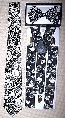 Unisex Small Skulls, Skulls Design Neck Tie,& Wide Skulls Suspenders Combo-New2
